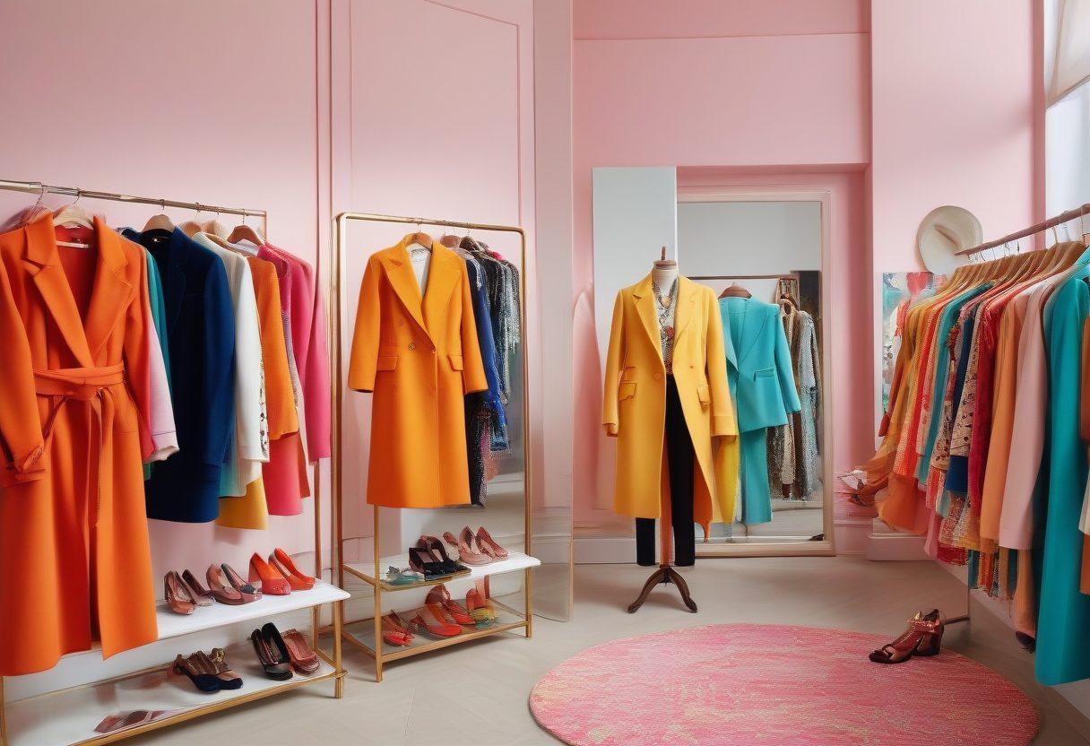 A stylish wardrobe overflowing with colorful, trendy outfits arranged in a chic, modern space. Include a large mirror reflecting a confident person trying on a statement piece, surrounded by accessories like hats and shoes. Incorporate elements of fashion sketches and fabric swatches in the background to convey creativity and style. Bright, inviting colors to evoke a sense of fashion exploration and enthusiasm. super-realistic. vibrant colors. soft focus.