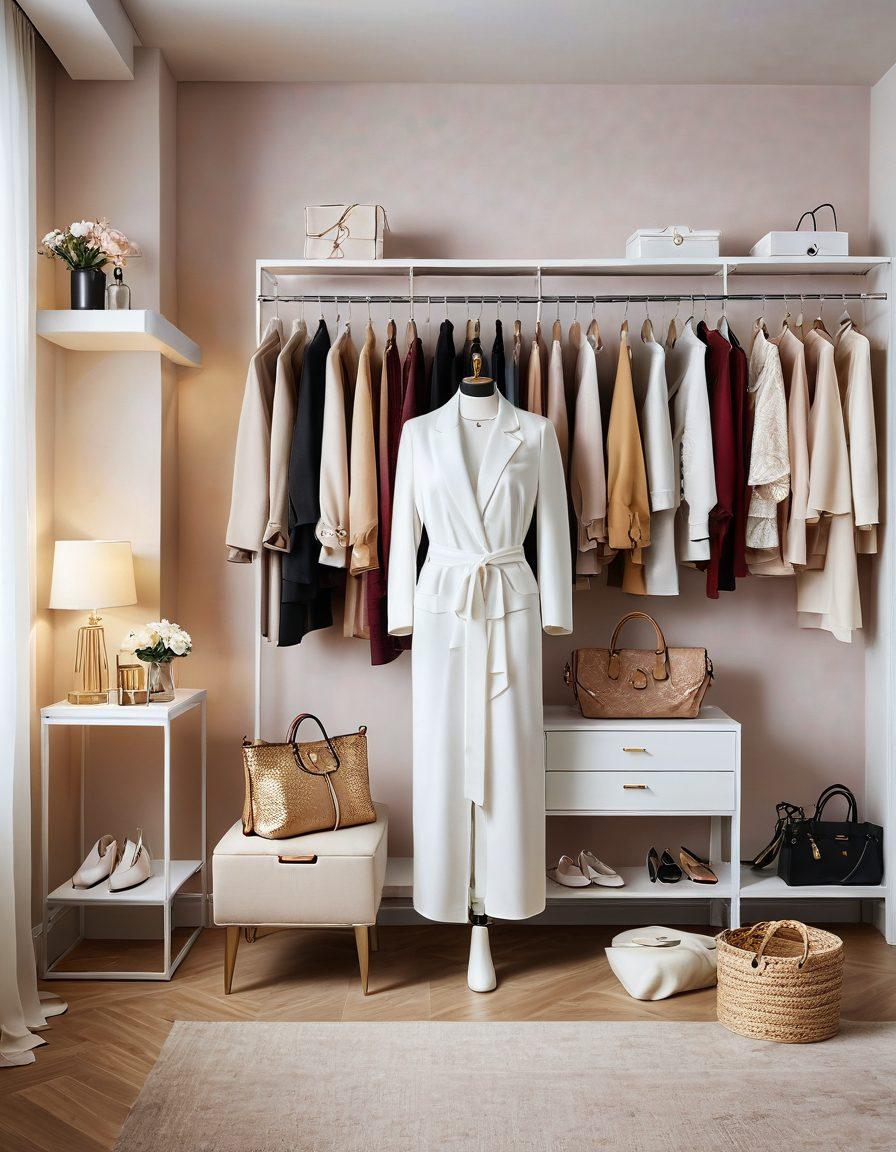 An elegant wardrobe filled with diverse fashionable pieces, featuring a stylish mannequin draped in a chic outfit, surrounded by curated accessories like bags, shoes, and jewelry. Soft, warm lighting accentuates the textures and colors of the fabrics, with a backdrop of a minimalist dressing room. The atmosphere radiates creativity and inspiration, inviting viewers to explore their own fashion choices. super-realistic. vibrant colors. soft lighting.