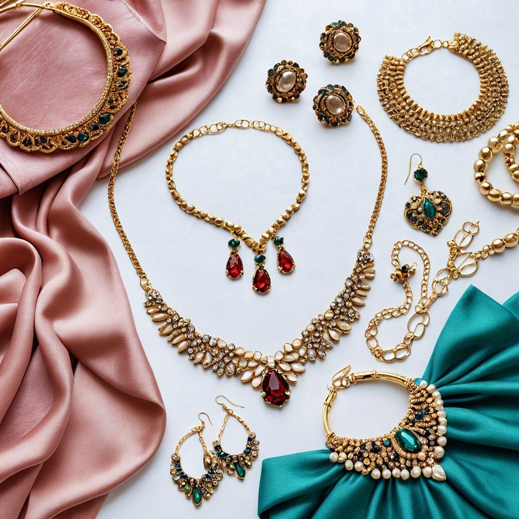 A stylish flat lay showcasing a variety of dazzling fashion accessories, including statement necklaces, intricate earrings, elegant bracelets, and chic handbags. The background features a soft, luxurious fabric with subtle textures, spotlighting the accessories' sparkle and shine. Incorporate a color palette of gold, silver, and jewel tones to evoke glamour. super-realistic. vibrant colors. soft-focus.